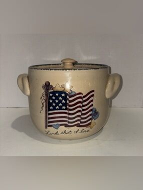 Vintage 2004 Cream Ceramic Patriotic Canister with American Flag Design